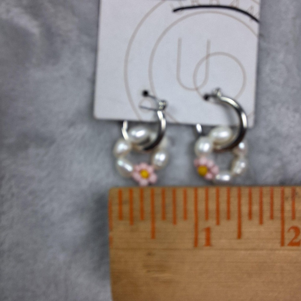 Urban Outfitters Silver Hoop Earrings with Pearls and Pink Flower Charms - Picture 5 of 5
